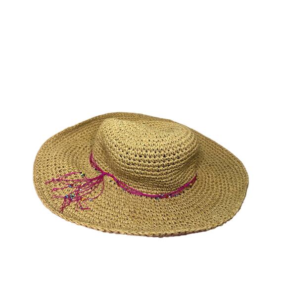 Vintage Floppy Hat Womens Raffia Straw Pink Beaded Beach Resort Vacation Y2k - Picture 3 of 5